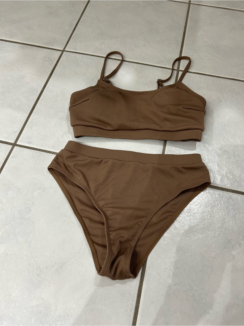 Cupshe Brown Ribbed High-Waist Bikini Set